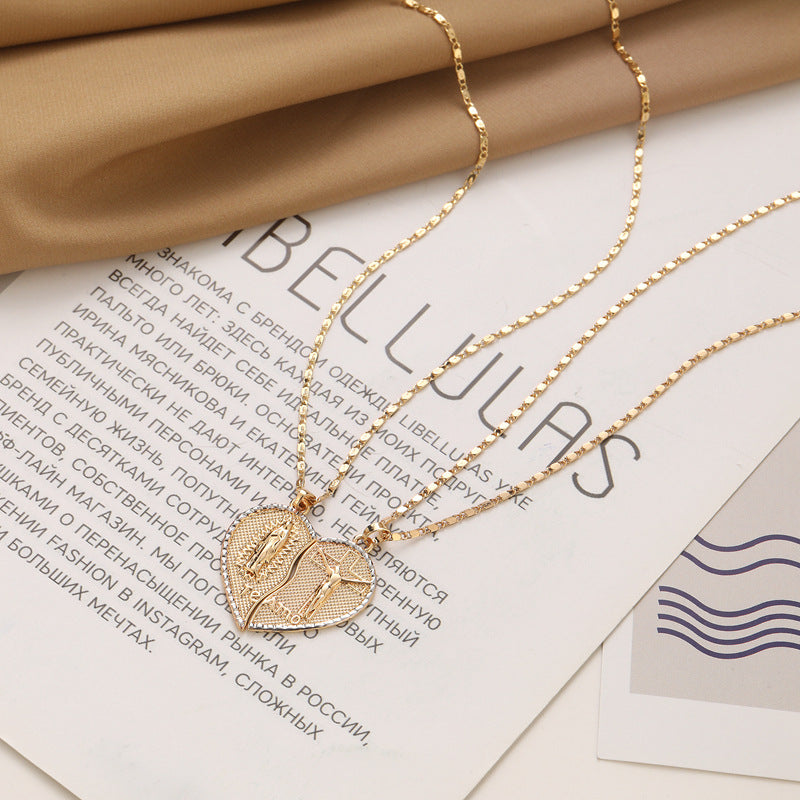 Gold Plated Two-Half Jesus Heart Pendant Necklace