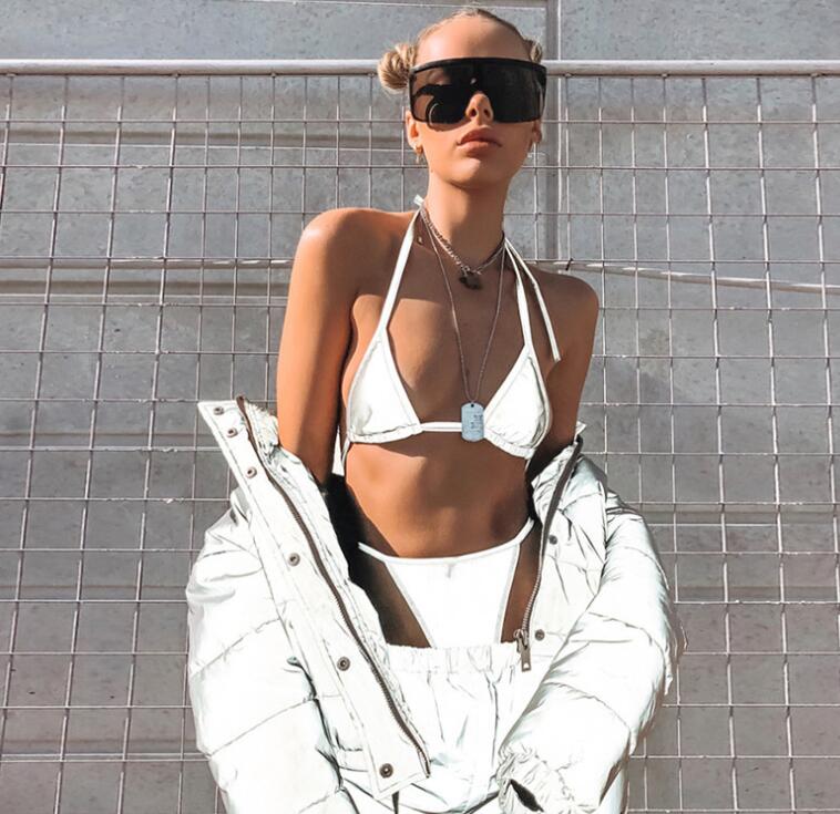 Reflective Women's Lace-Up Sexy Thong Set