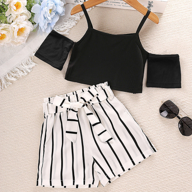 Girls' Summer Casual Off-Shoulder Set with Striped Shorts