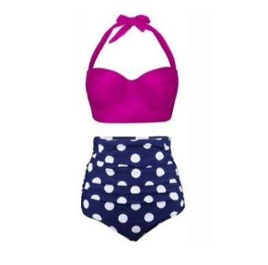 Retro Halter Top with Floral High-Waist Bikini Bottom