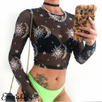 Gothic Long Sleeve Sheer Mesh Crop Top with Print