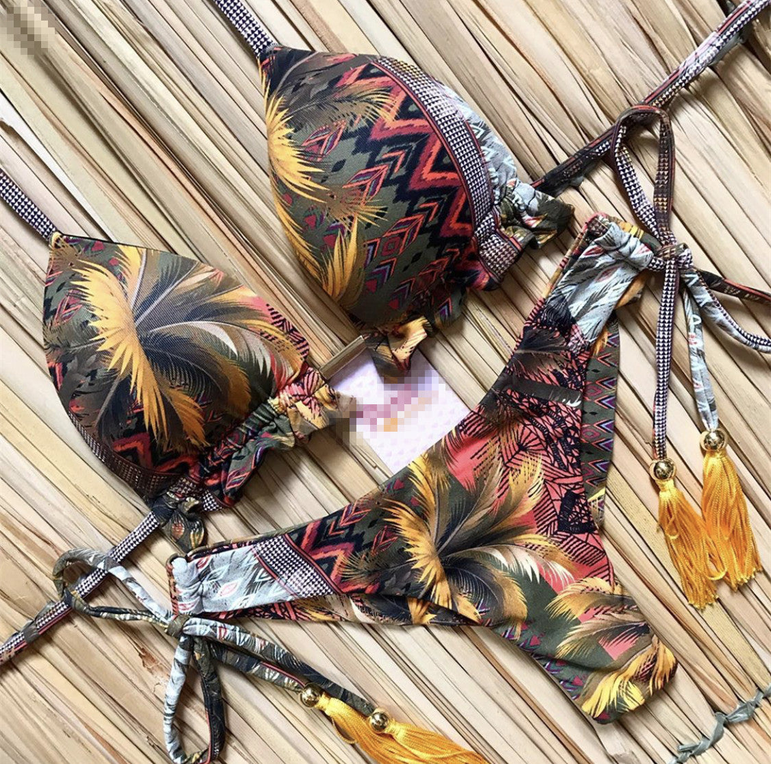 Feather Print Push-Up Tassel Bikini Set
