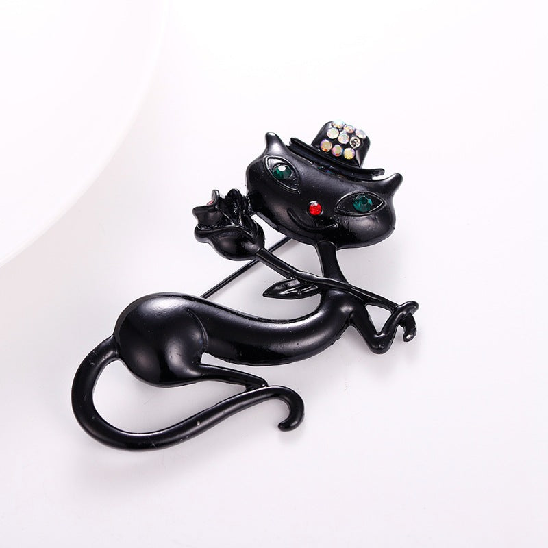Stylish Korean Black Cat Brooch with Rose Design