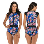 Blue Floral Zip-Front Sleeveless One-Piece Surf Swimsuit