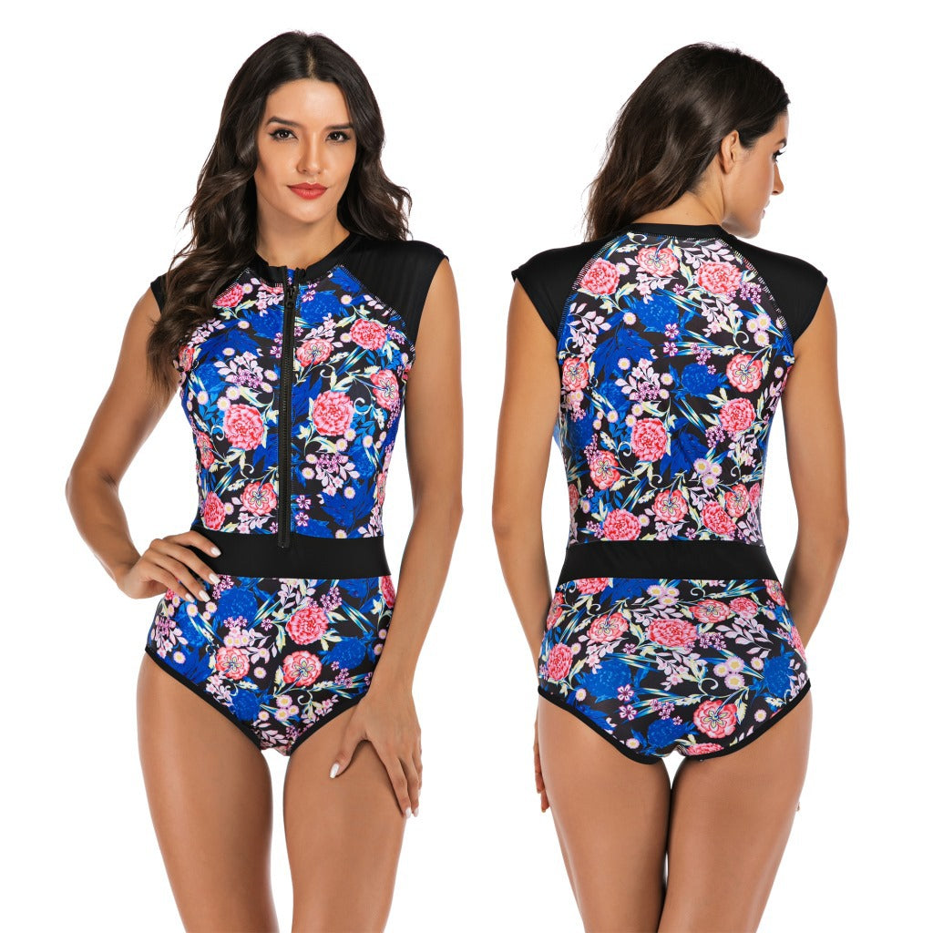 Blue Floral Zip-Front Sleeveless One-Piece Surf Swimsuit