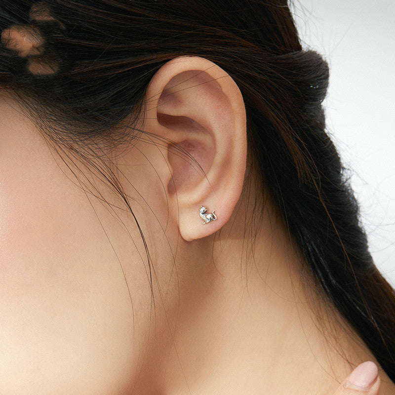 Fashionable Silver Playful Cat Stud Earrings