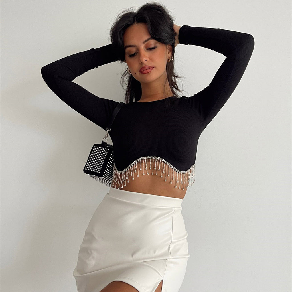 Fashionable Long Sleeve Rhinestone Crop Top for Women