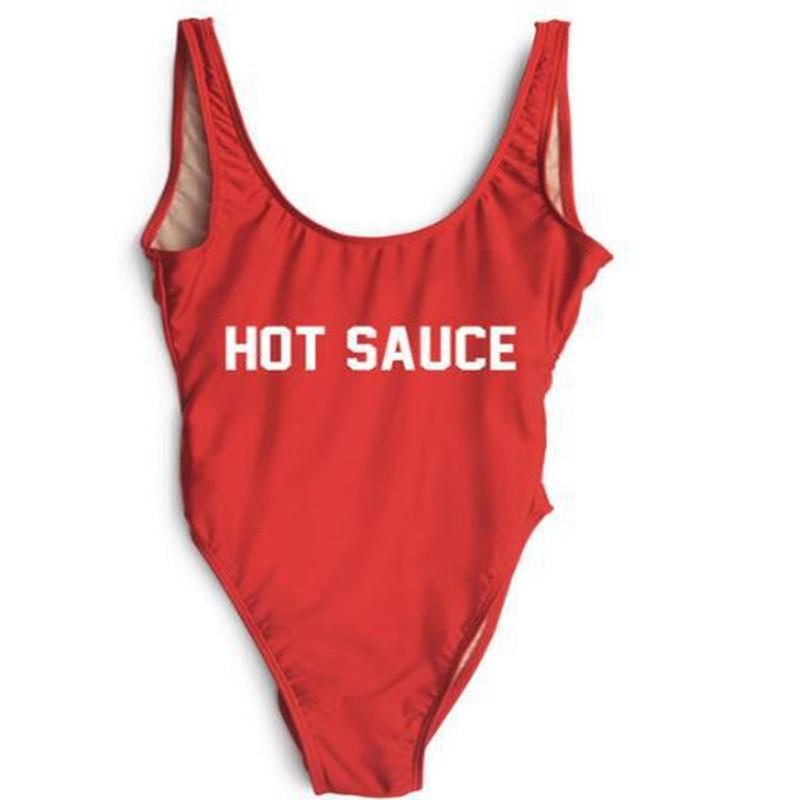Hot Sauce Slogan High-Cut One-Piece Swimsuit