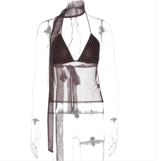 Women's Polka Dot Deep V Lace-Up Backless Tube Top Vest