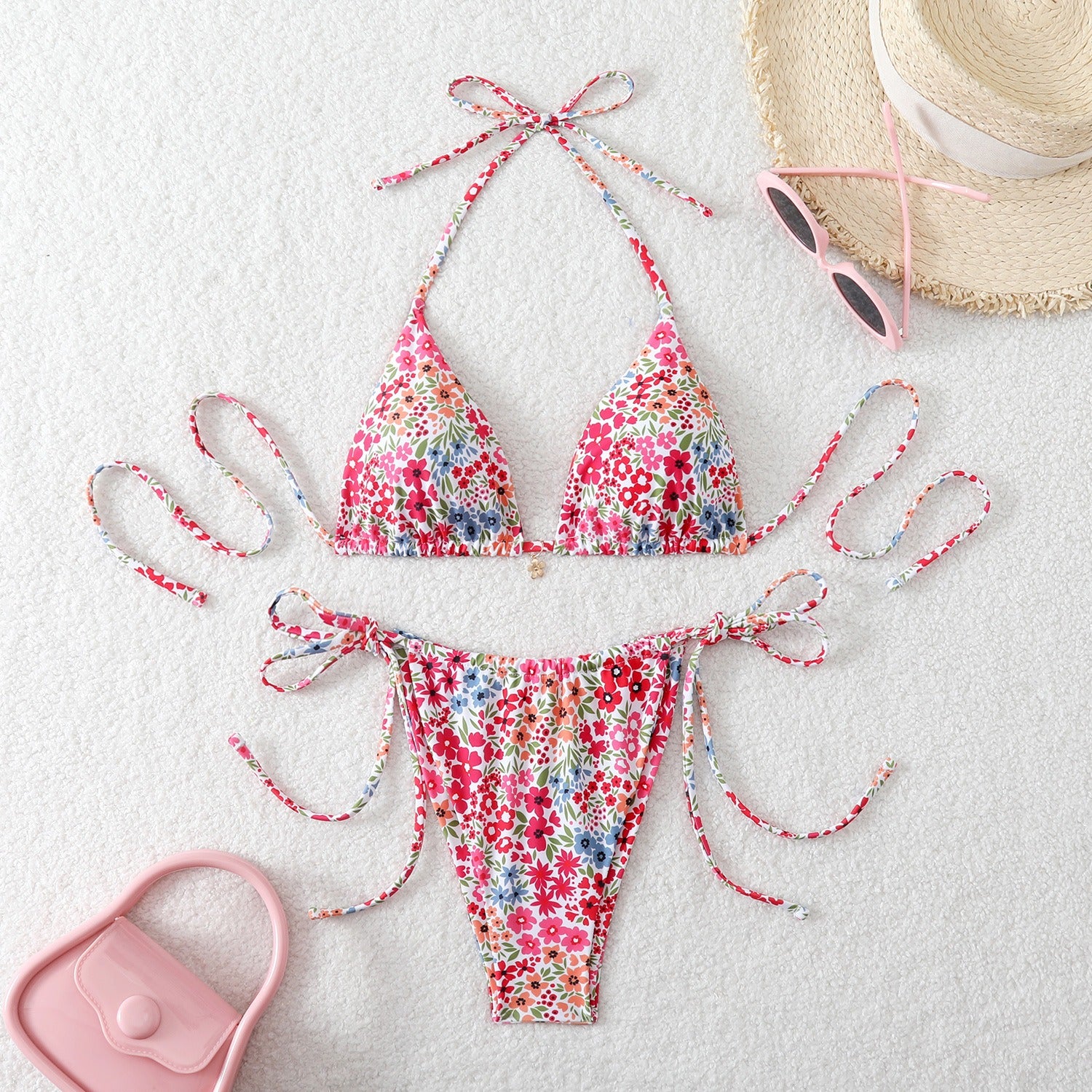 Cherry Print Triangle String Bikini Set