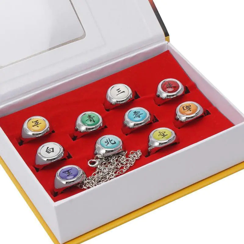 Naruto Akatsuki Rings Set 10pcs With Chain Cosplay Itachi Sharingan Box Anime | Jewelry