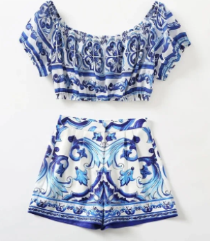 Azure Tube Top and Shorts Set with Floral Print (One Set)
