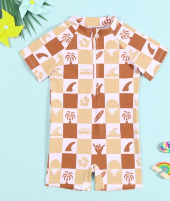 Toddler Checkerboard Surf Zip Rash Guard Swimsuit