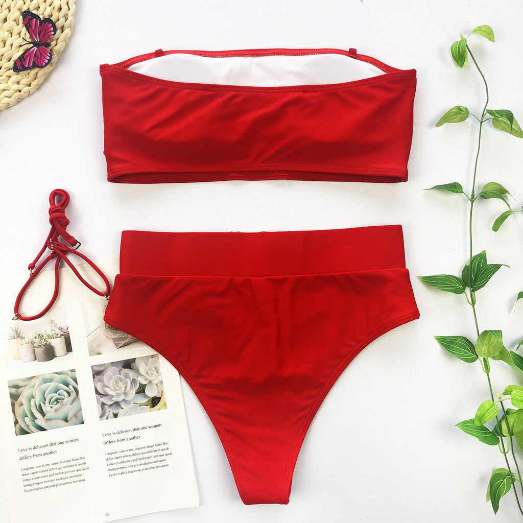 Metal Buckle Strapless Bandeau Bikini Set