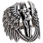 Vintage Silver Guardian Angel Ring with Cross & Wings