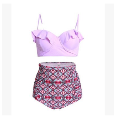Ruffle Top High-Waist Bikini Set with Tropical Print