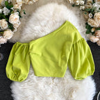 Off-Shoulder Puff Sleeve Crop Top with Oblique Collar