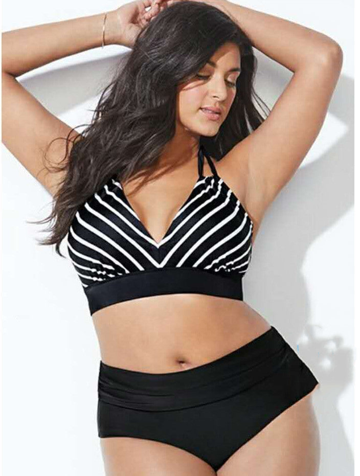 Plus Size High-Waist Striped Bikini Set