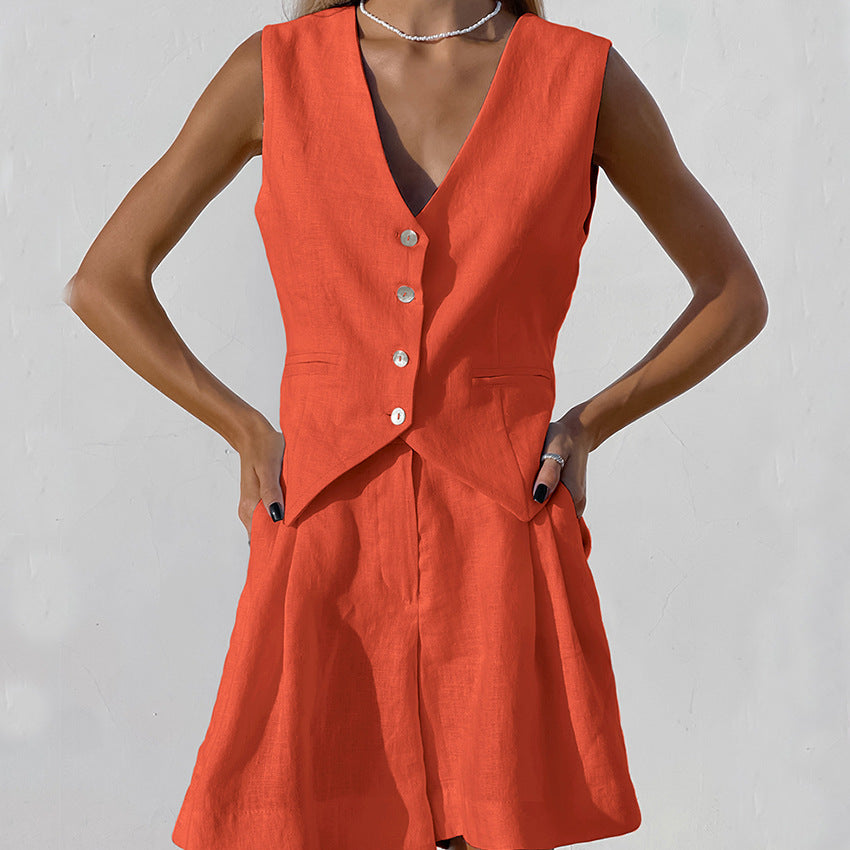 2024 Women's Cotton-Linen Suit Vest and Shorts Set
