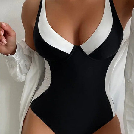Women's V-Neck Colorblock One-Piece Swimsuit