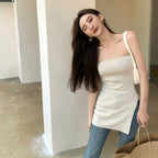 Straight Neck Backless Tank Top with Slim Hem for Women