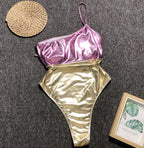 Metallic Pink and Gold High-Cut One-Piece Swimsuit