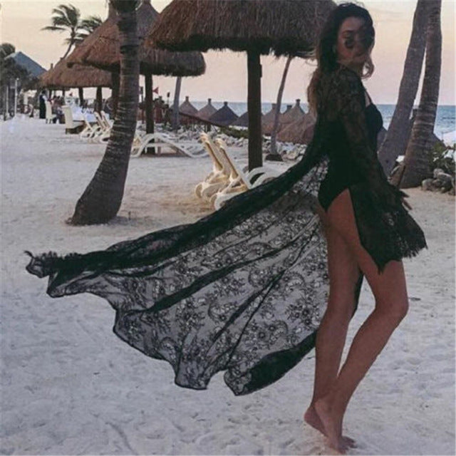 Black Lace Long Kimono Beach Cover-Up
