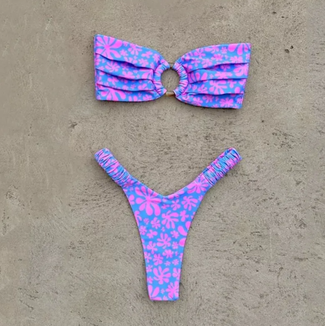 Women's Retro Floral Bandeau Bikini Set