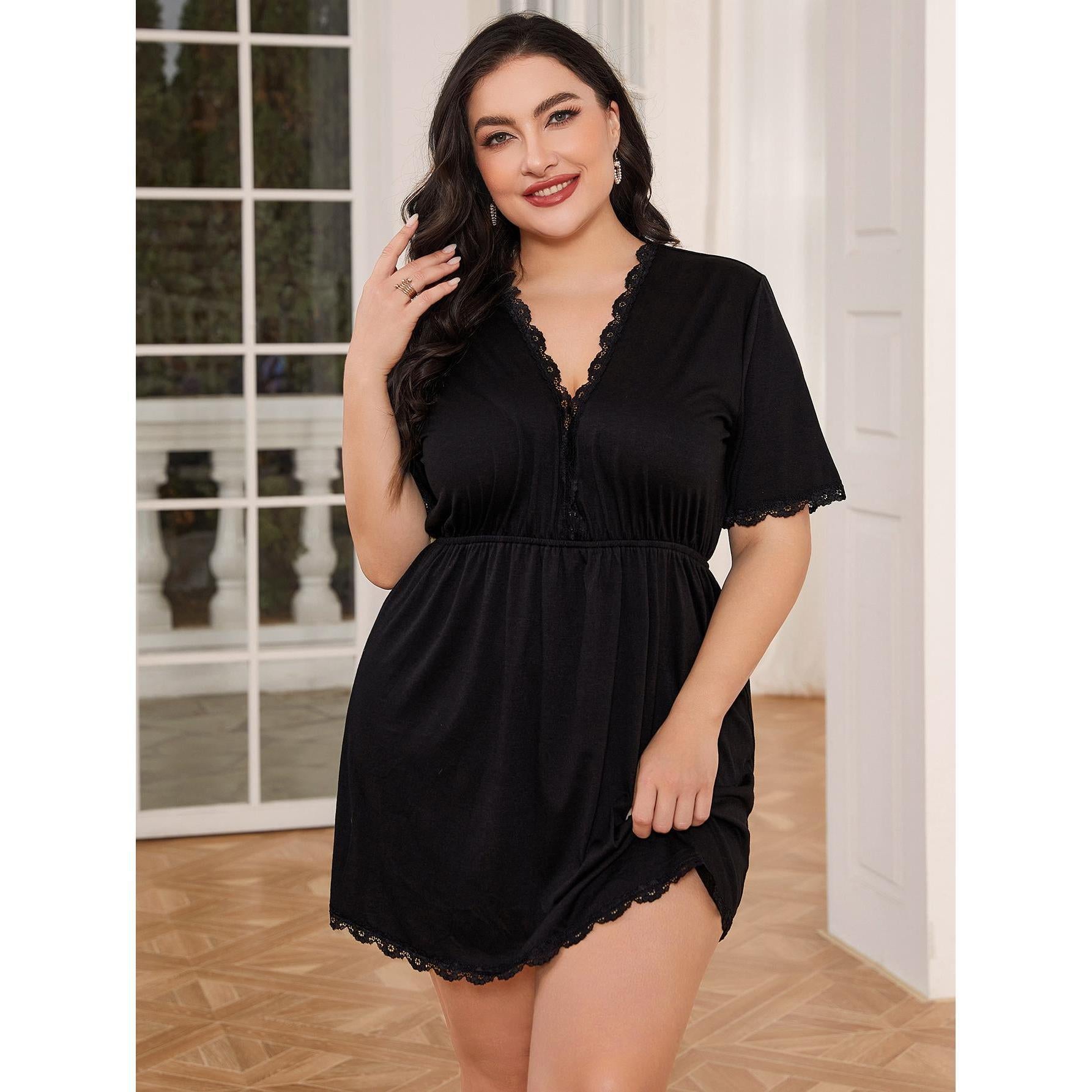 Plus Size Deep V-Neck Short Sleeve Sleepwear for Women