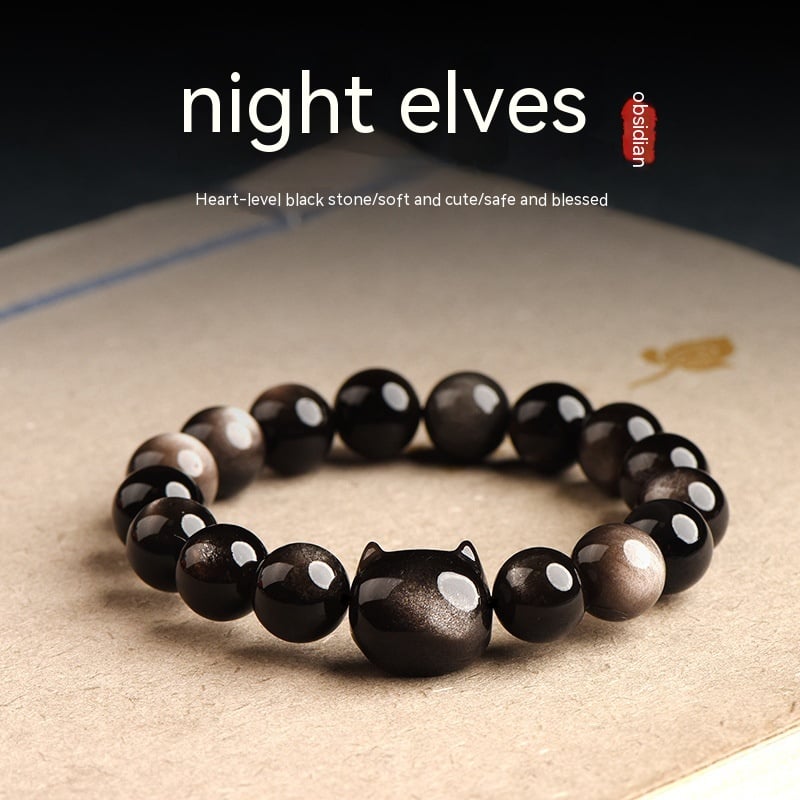 Obsidian Bracelet with Gold and Silver Cat Head