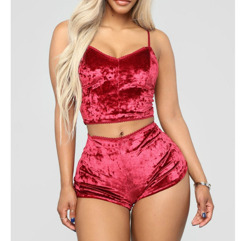Velvet Sleepwear Set for Women - Spaghetti Strap & Shorts