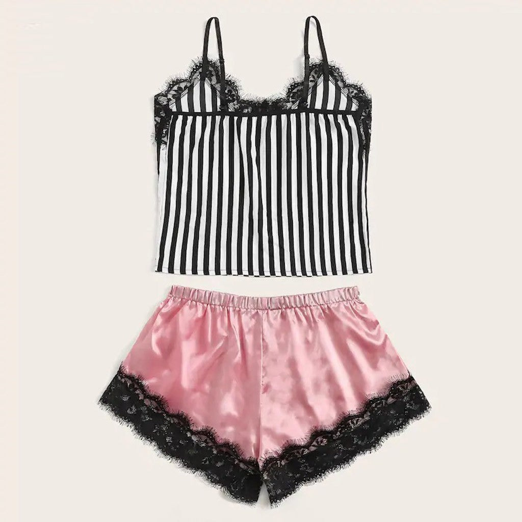 Fashionable Black Lace Trim Sleepwear Set (2 Pieces)