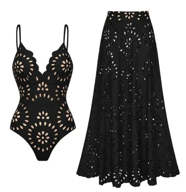 Eyelet Cutout Flared Maxi Beach Cover-Up Skirt