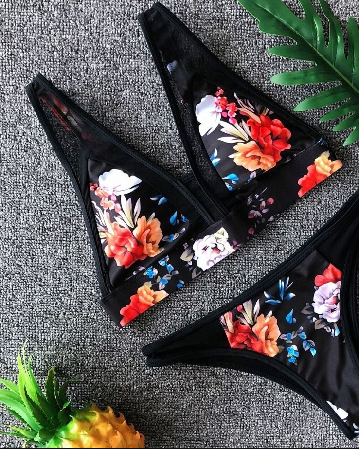 Floral Mesh Panel Bikini Set