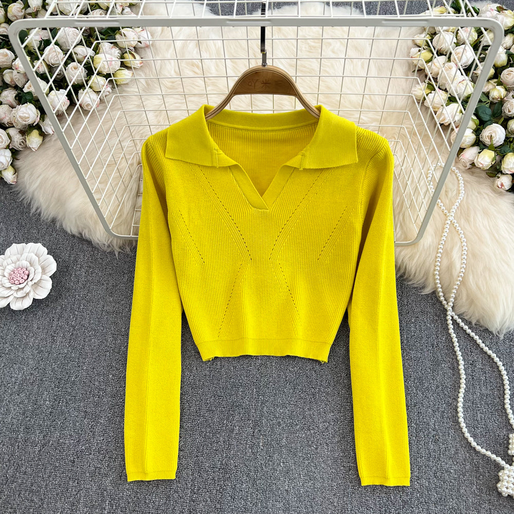 Slim Knitted Long Sleeve Turn Down Collar Crop Top