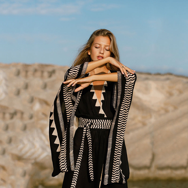 Botanical Print Long Kimono Beach Cover-Up