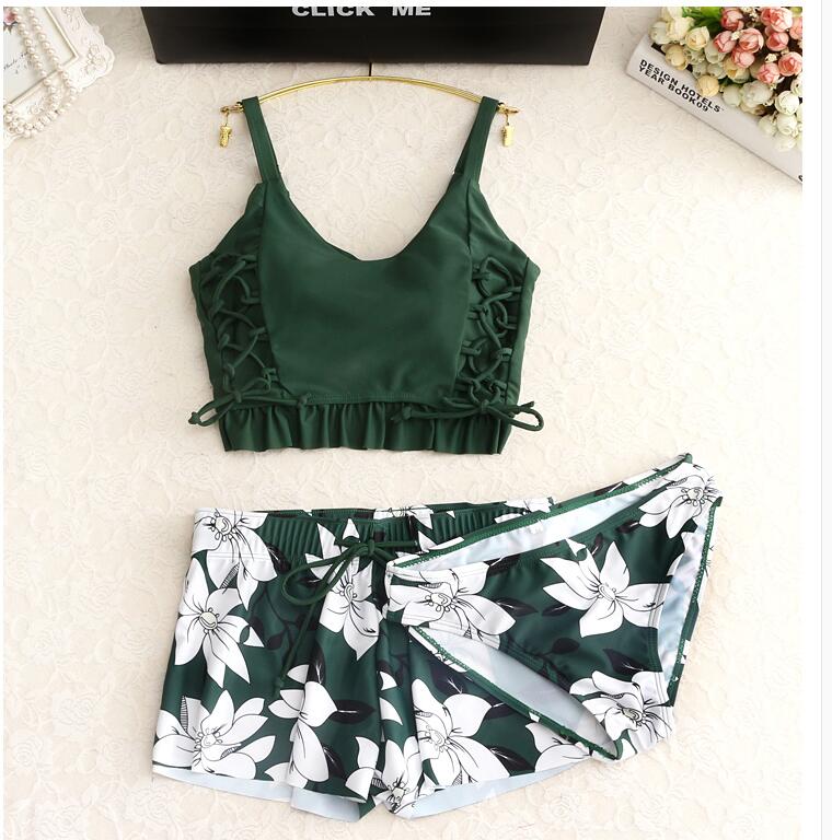 Retro Green Three-Piece Swimsuit Set