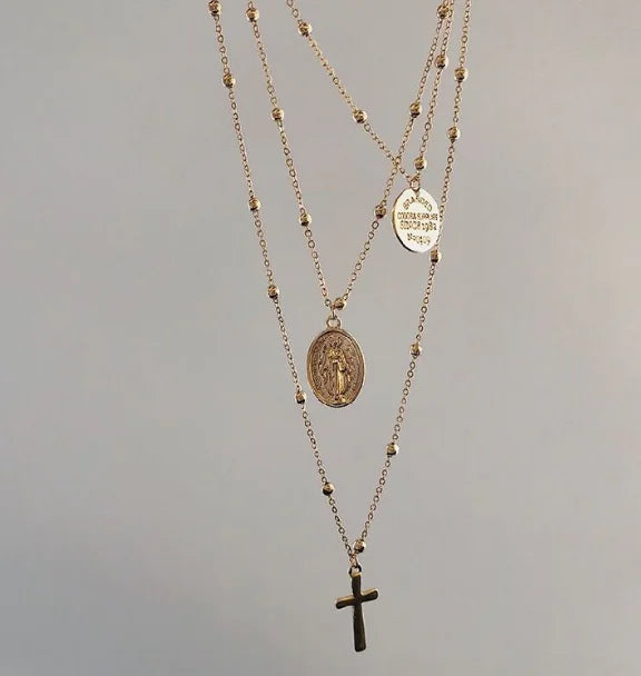 Virgin Mary Cross Necklace - Vintage Layered Coin Chain | Christian Jewelry