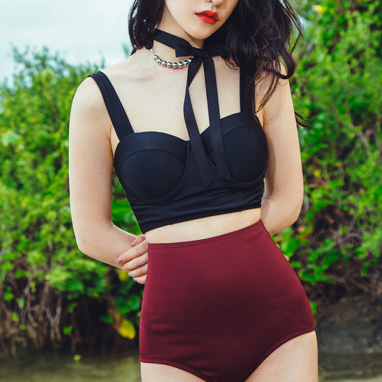 Retro Black Bustier High-Waist Bikini Set
