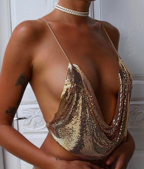 Metallic Sequin Chain Strap Deep V Crop Top for Women