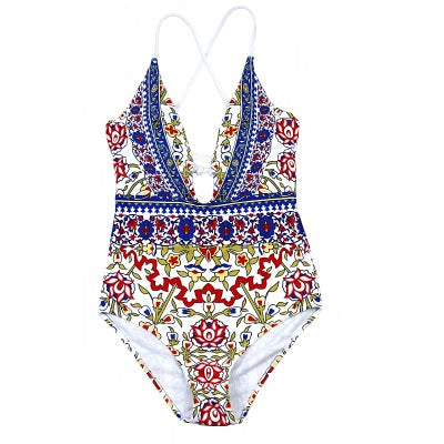 Boho Floral Deep-V One-Piece Swimsuit
