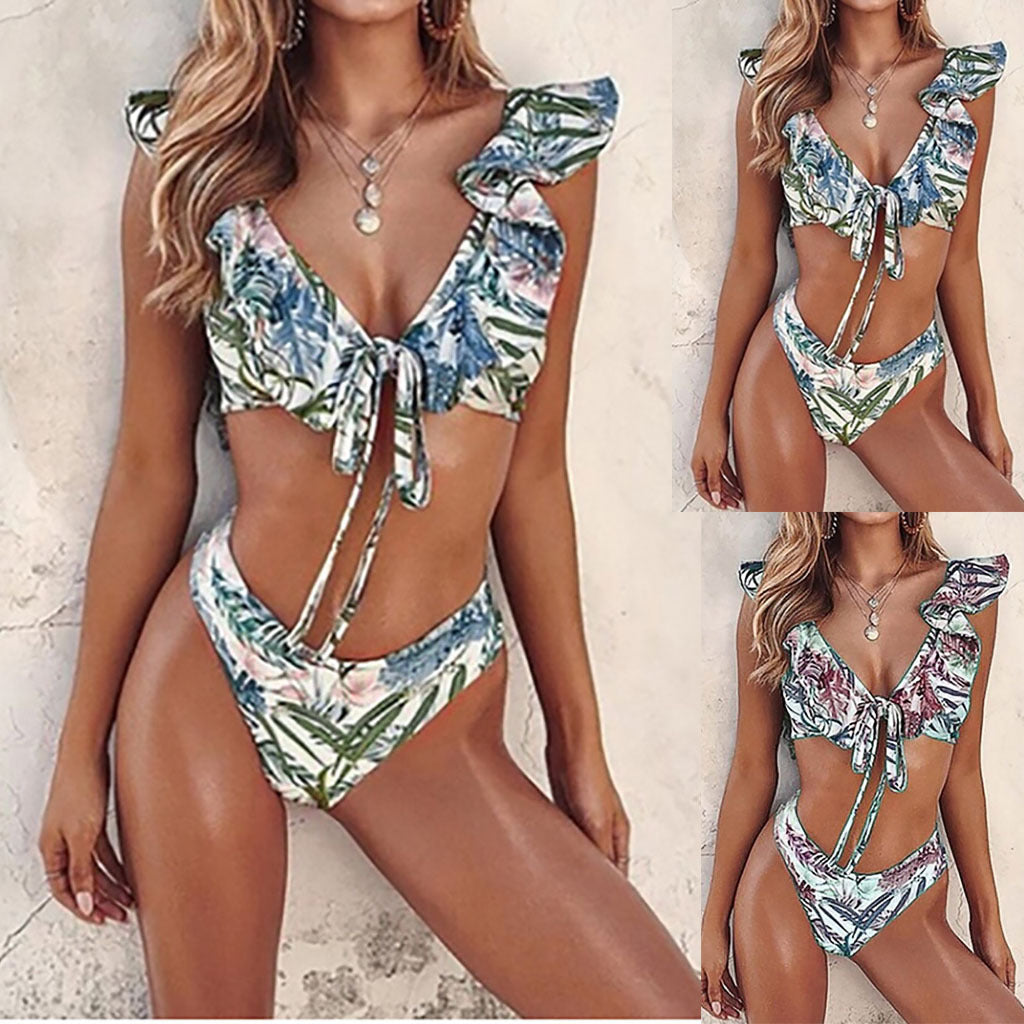 Tropical Leaf Print Ruffle Bikini Set