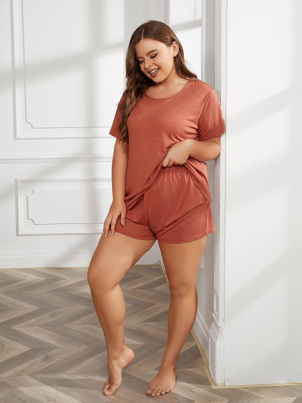 Plus Size Women's Pajama Set - Scoop Neck Tee & Shorts