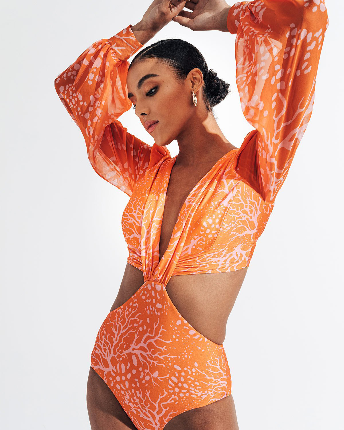 Mesh Puff-Sleeve Cutout One-Piece Swimsuit