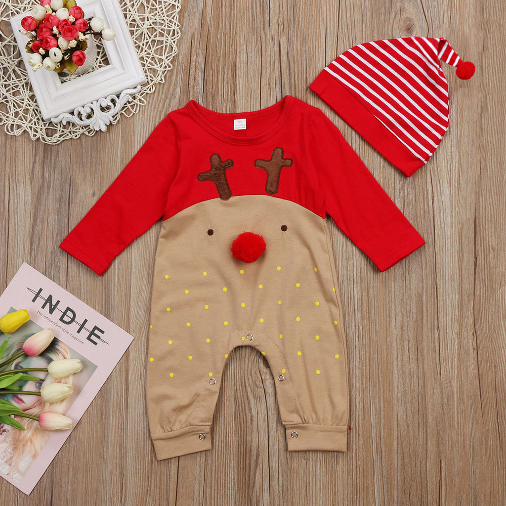 Baby Romper with Hat, Christmas Reindeer Bodysuit
