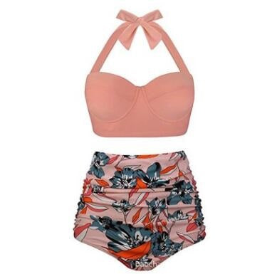 Retro Halter Top with Floral High-Waist Bikini Bottom