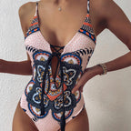 Boho Mandala Print Lace-Up Plunge One-Piece Swimsuit