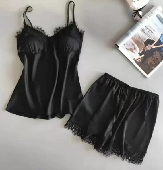 Women's Sexy Two-Piece Sleepwear Set with Chest Pad, Solid Color, Adjustable Straps (S-XXXL)