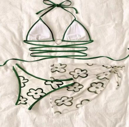 Green Trim Daisy Print Triangle Bikini Set with Sarong