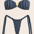 Blue and White Striped Bandeau Bikini Set